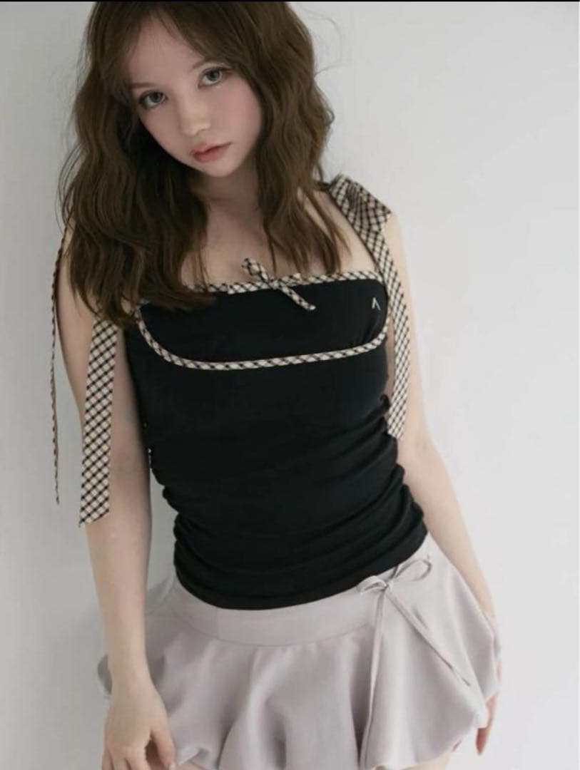 トップス andmary Alice check ribbon tops black