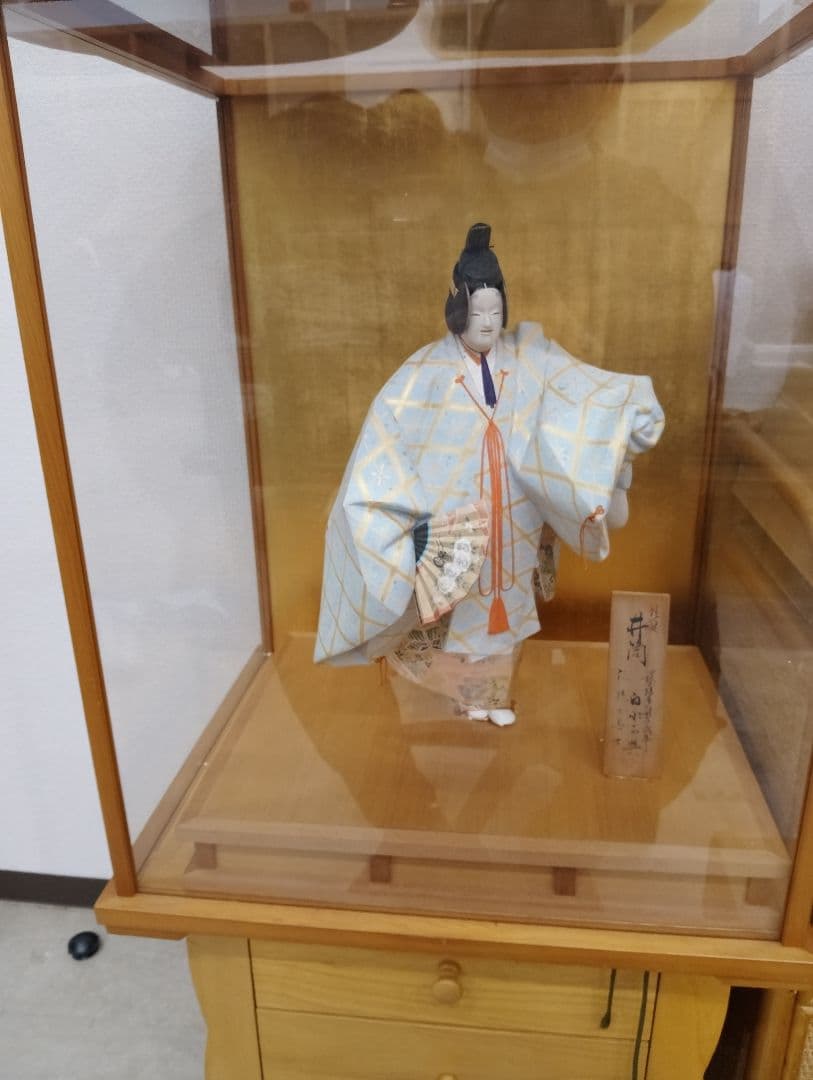 日本人形 水色の衣装 扇子付き