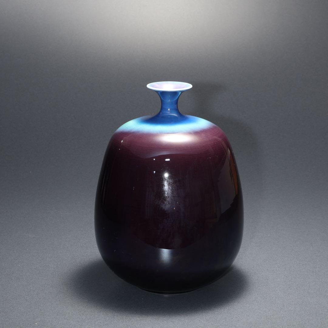 三代徳田八十吉　正彦　碧明釉壺　共箱　九谷　R1634ラ3