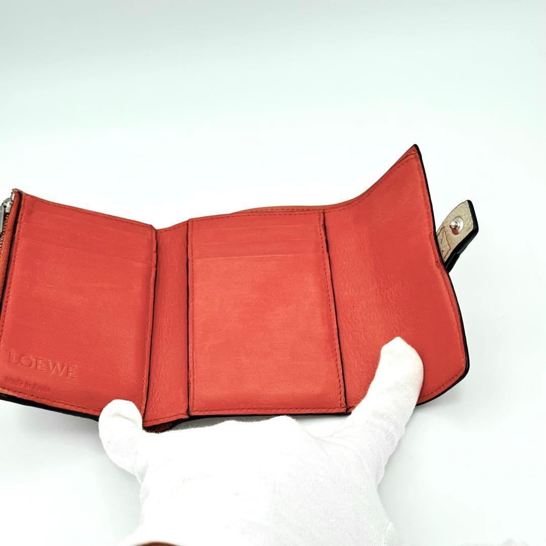 【美品】LOEWE 三つ折り財布 レザー グレージュ×コーラル　箱付き