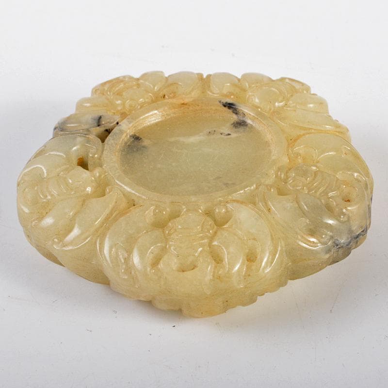 中国　玉石白玉彫刻　蝙蝠刻　玉器　玉壁　玉飾　玉珮　時代箱付　M　R5495