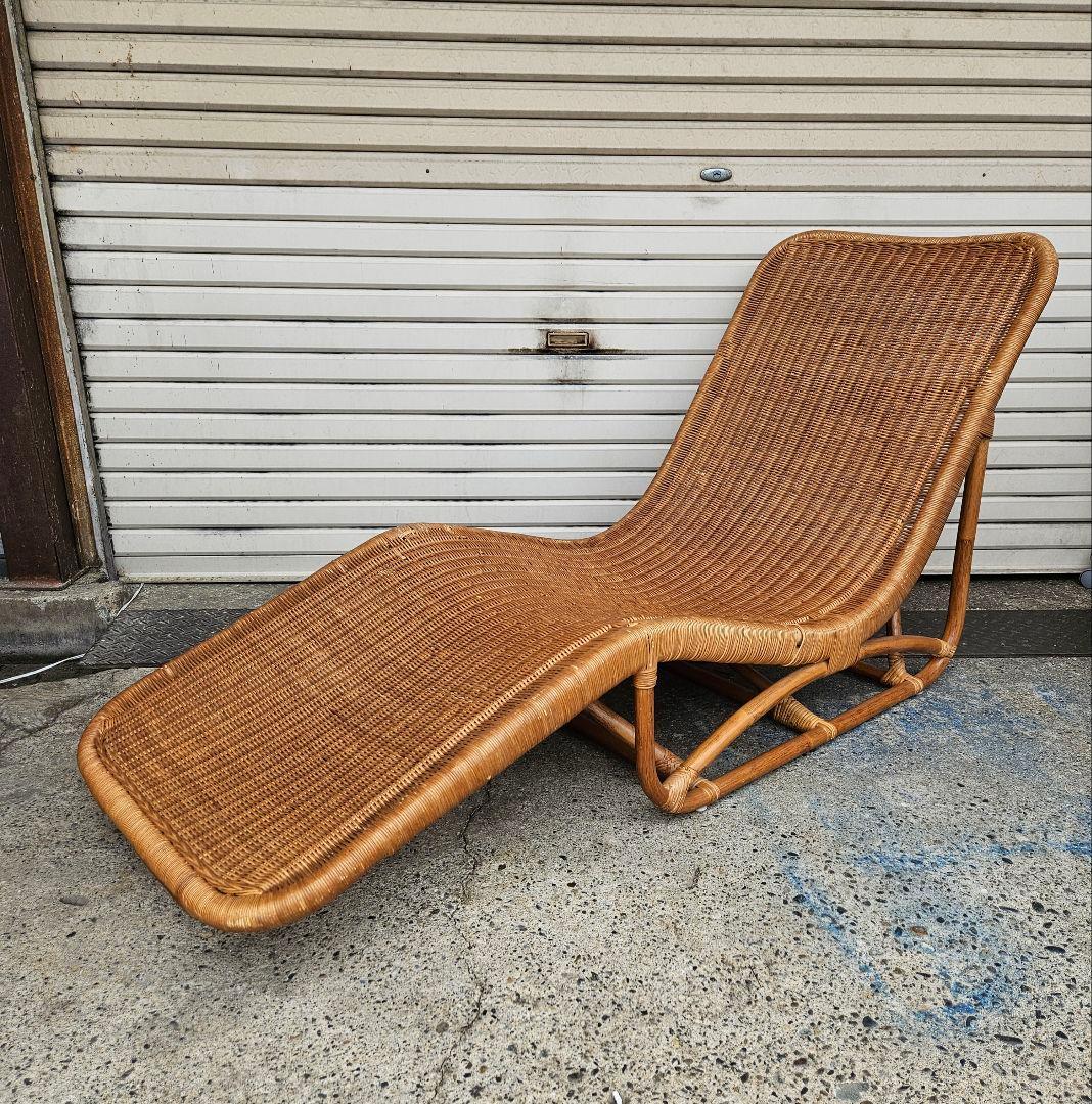 ヴィンテージ 古いラタンのシェーズロング 寝椅子 ソファ 古家具 藤 昭和レトロ