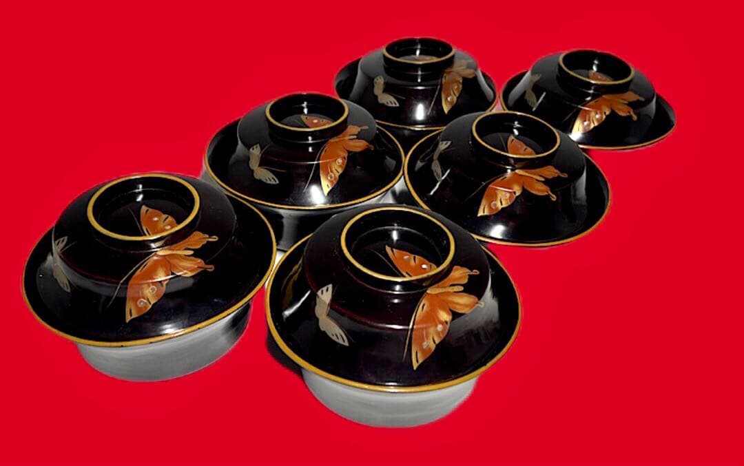 角形 螺鈿細工 漆器6客 金赤蒔絵蝶文 50年前 送込