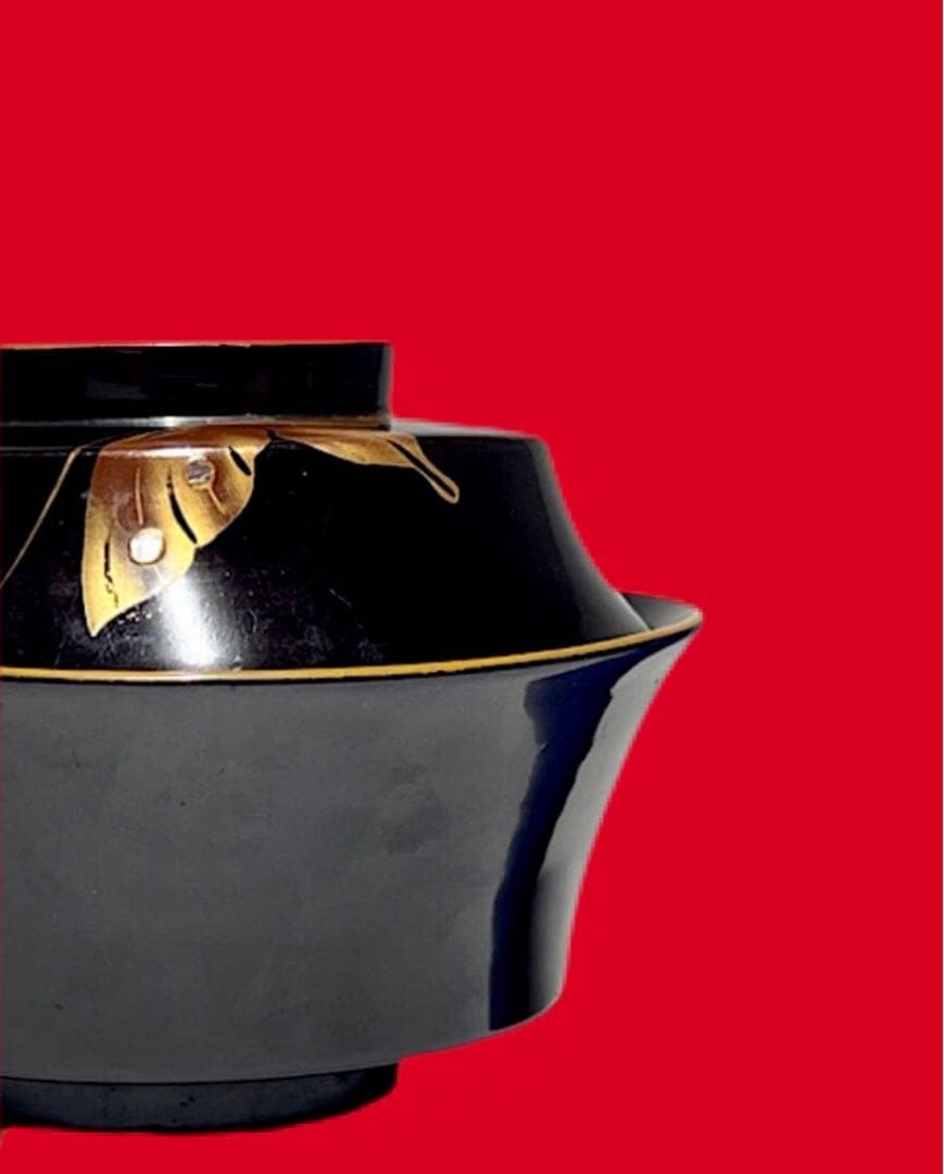 角形 螺鈿細工 漆器6客 金赤蒔絵蝶文 50年前 送込