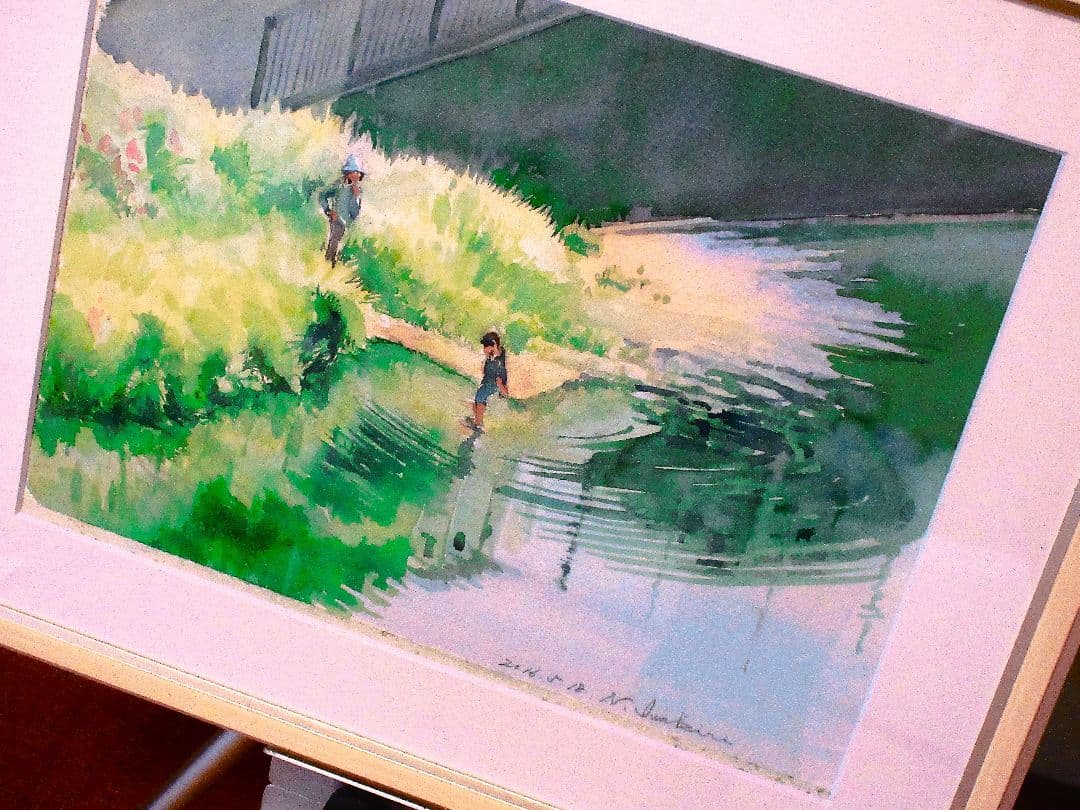 水面の波紋-水彩画-額縁付き