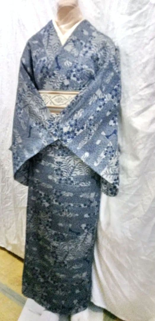 夏小紋綿両面藍染め、紺色型絵絣柄、手縫い