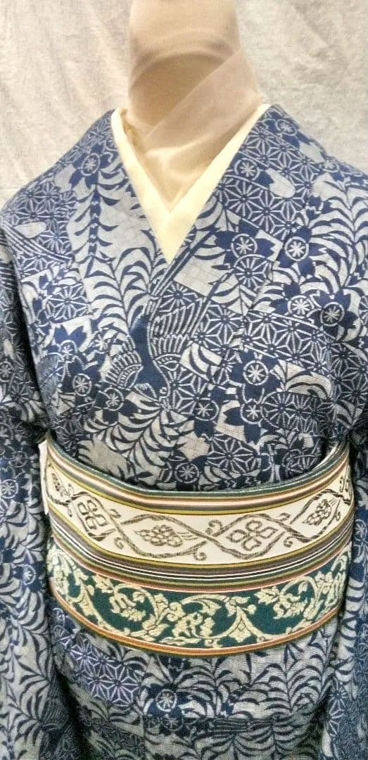 夏小紋綿両面藍染め、紺色型絵絣柄、手縫い