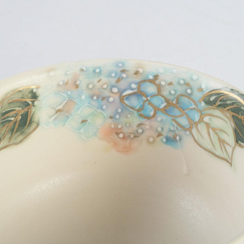 茶道具　京焼　橋本永豊作　色絵　紫陽花文　イッチン茶碗　共箱　V　9650