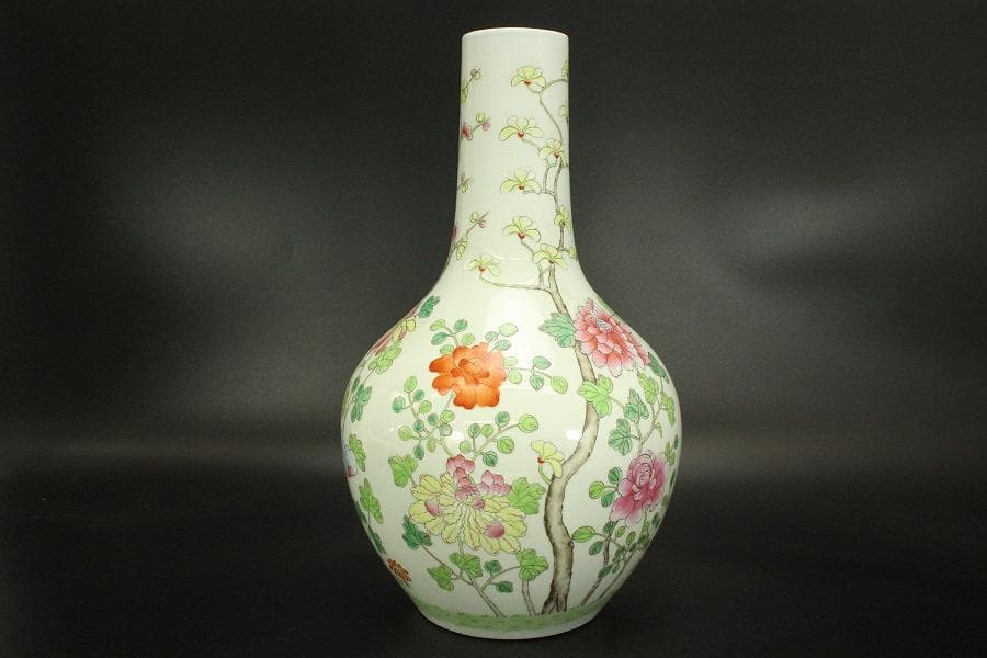 中国美術 色絵 草花紋 瓶 高40.5cm(BB495)