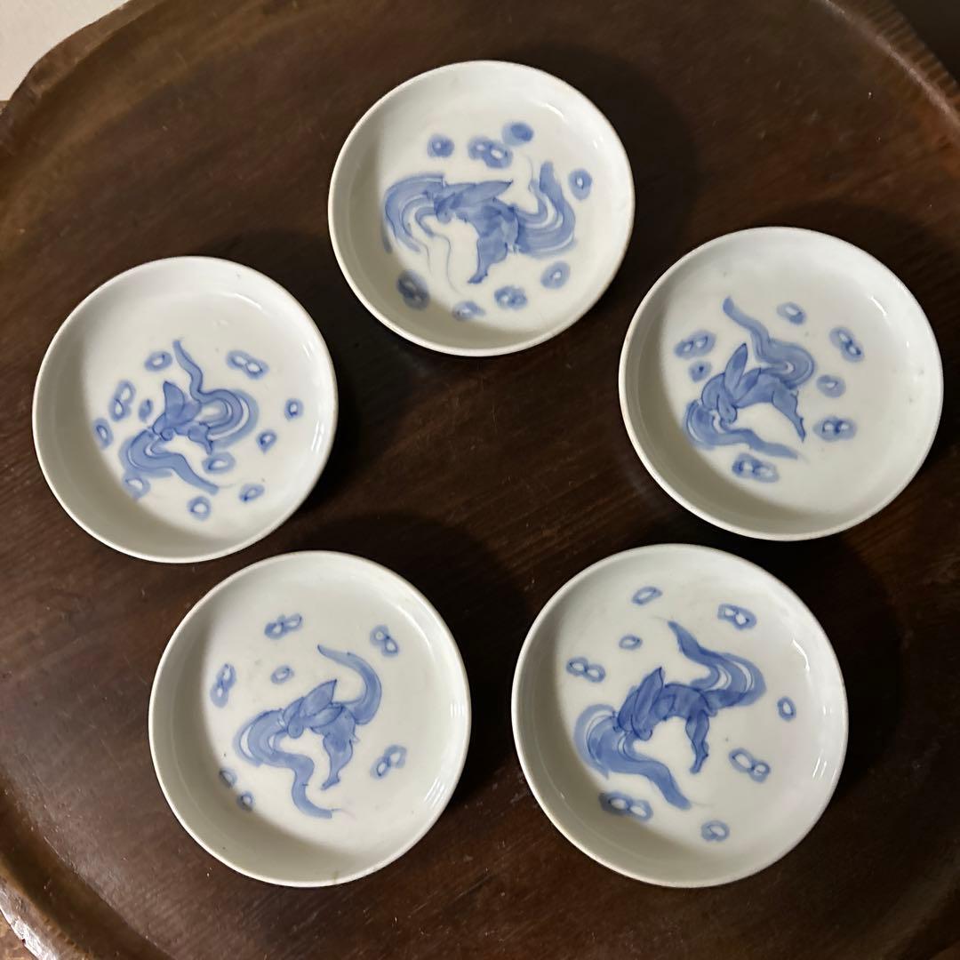 アンティーク　伊万里　うさぎ図染付小皿5点　幕末　明治　大正　検:白洲正子　李朝