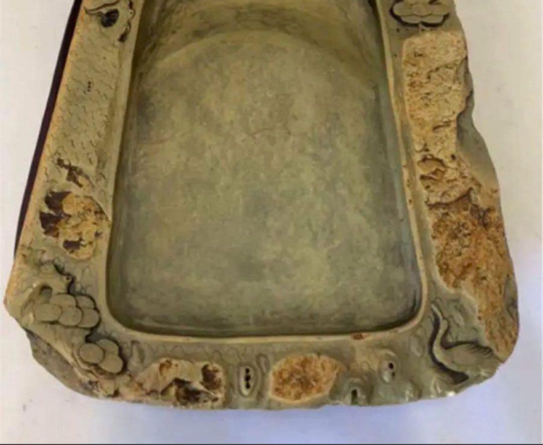 [極上珍品]房具 中国　清時代　古美術　硯紫檀蓋付き 松鶴綠端溪文房具