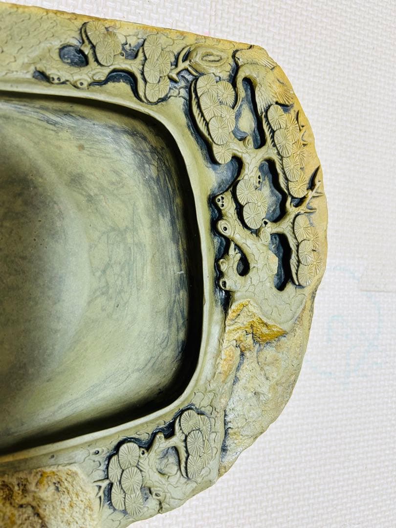 [極上珍品]房具 中国　清時代　古美術　硯紫檀蓋付き 松鶴綠端溪文房具