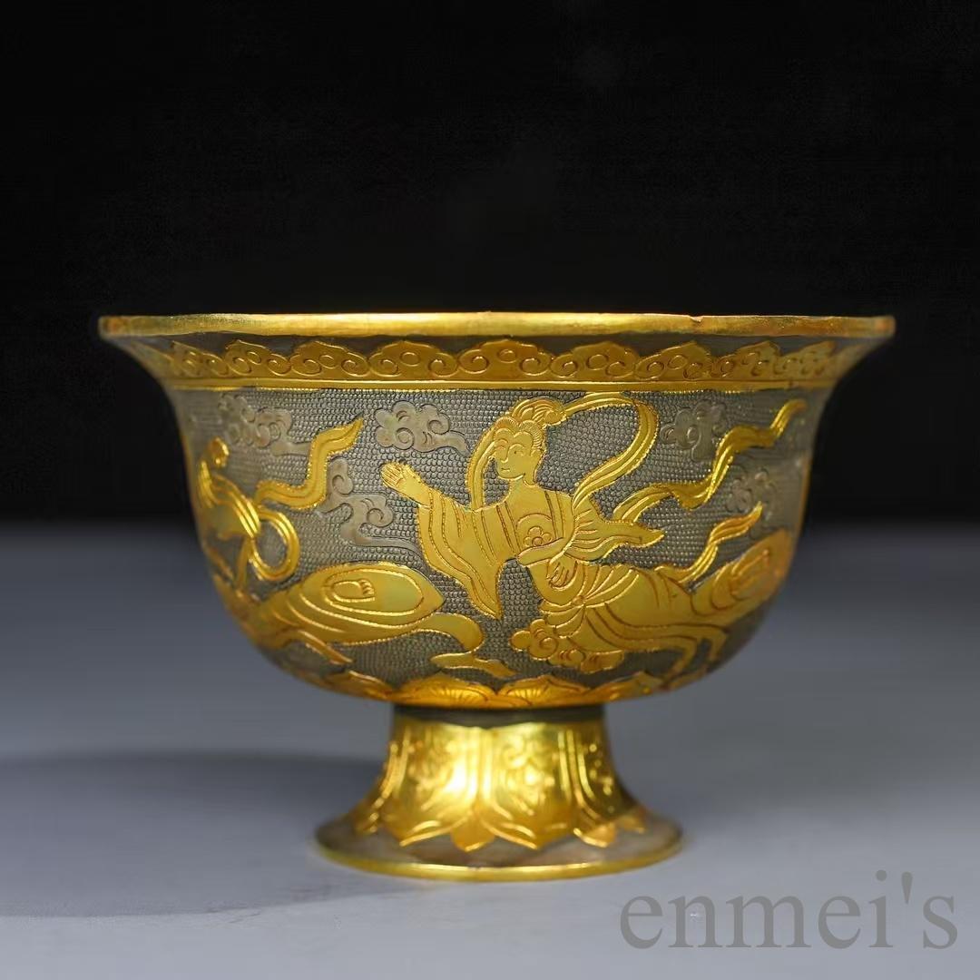 中国古美術 鍍金銅碗 鏨刻手工 酒器 茶器 細密細工 置物 古賞物 古擺件 唐物