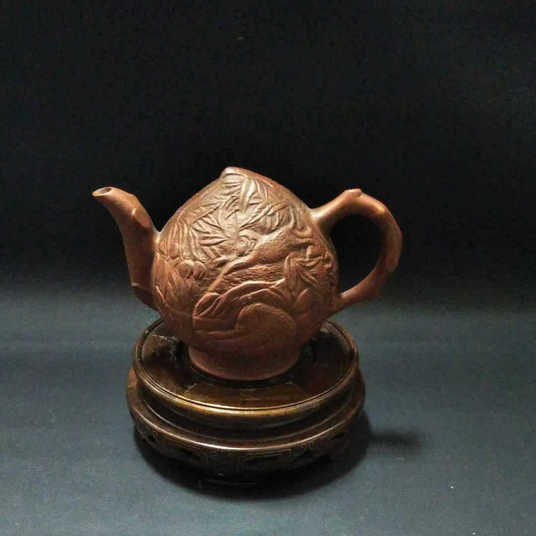 ※中国古美術/朱泥紫砂桃袁紋水滴/