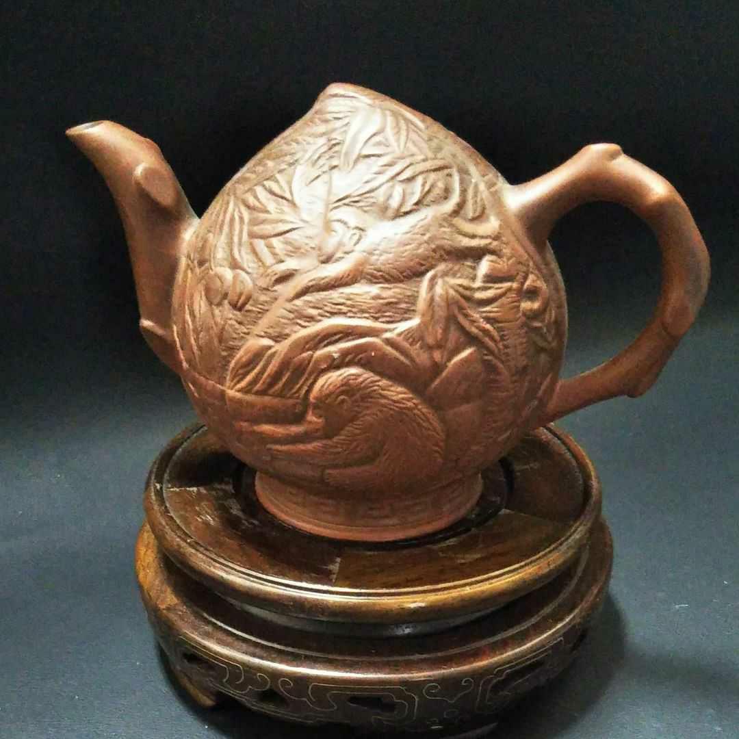 ※中国古美術/朱泥紫砂桃袁紋水滴/