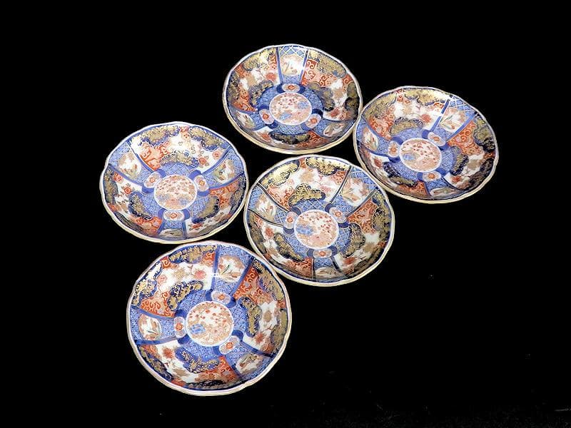 古伊万里　金襴手　百花繚乱　花鳥紋の図　４寸皿　５枚　D511AS-favu