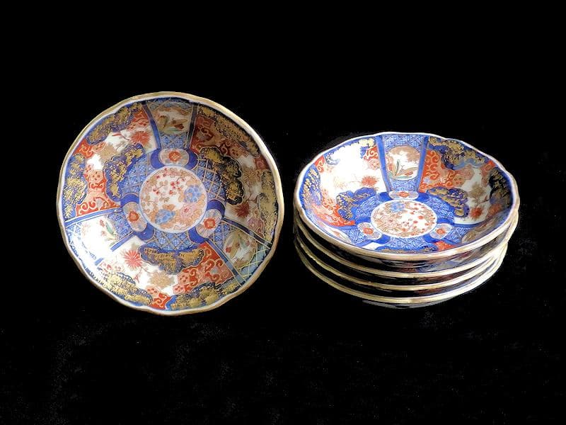 古伊万里　金襴手　百花繚乱　花鳥紋の図　４寸皿　５枚　D511AS-favu