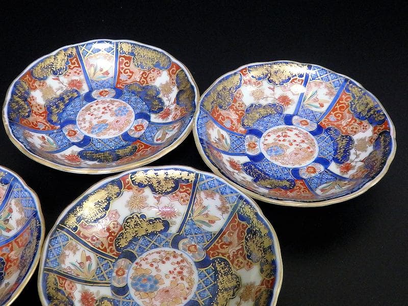 古伊万里　金襴手　百花繚乱　花鳥紋の図　４寸皿　５枚　D511AS-favu