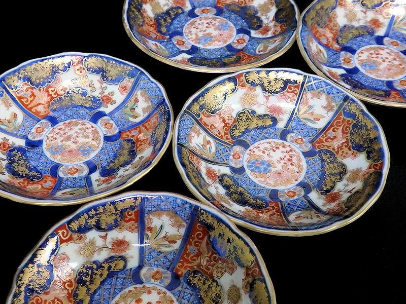 古伊万里　金襴手　百花繚乱　花鳥紋の図　４寸皿　５枚　D511AS-favu