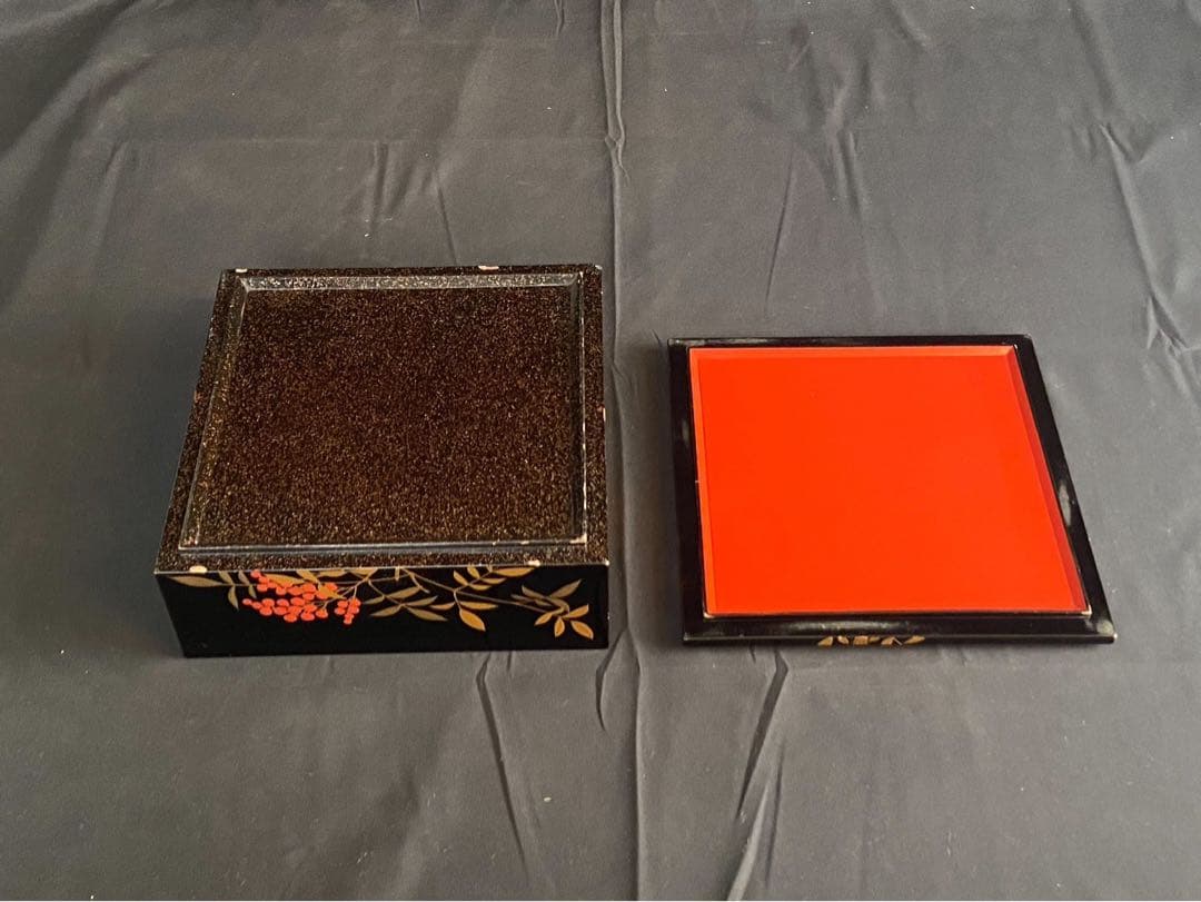 時代 南天蒔絵 黒塗内朱 五段重箱 二枚蓋 共箱 江戸末期 底梨地 / 輪島塗