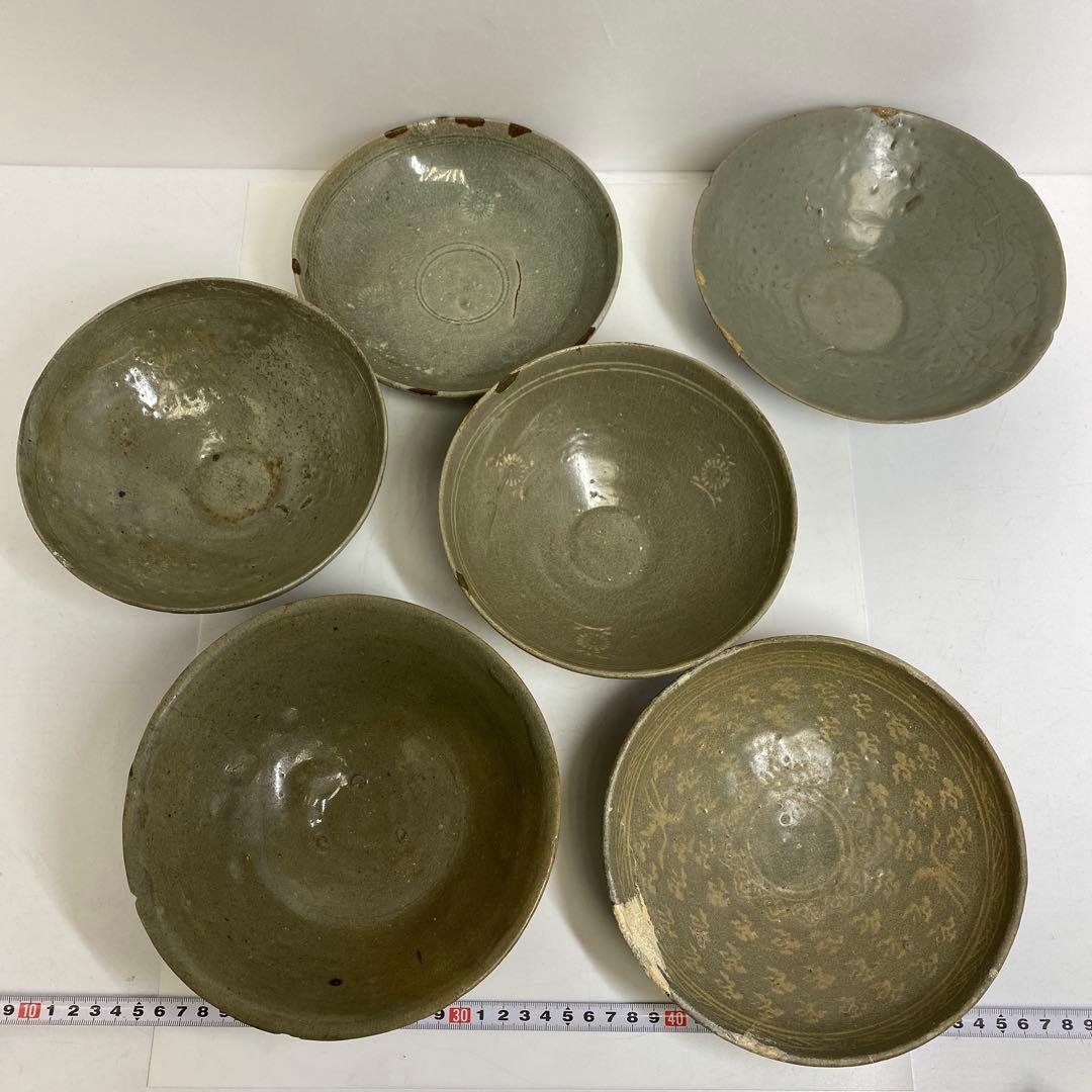 16世紀　高麗青磁　白泥象嵌鉢6点　トヒエ　東さ7-1227☆2F
