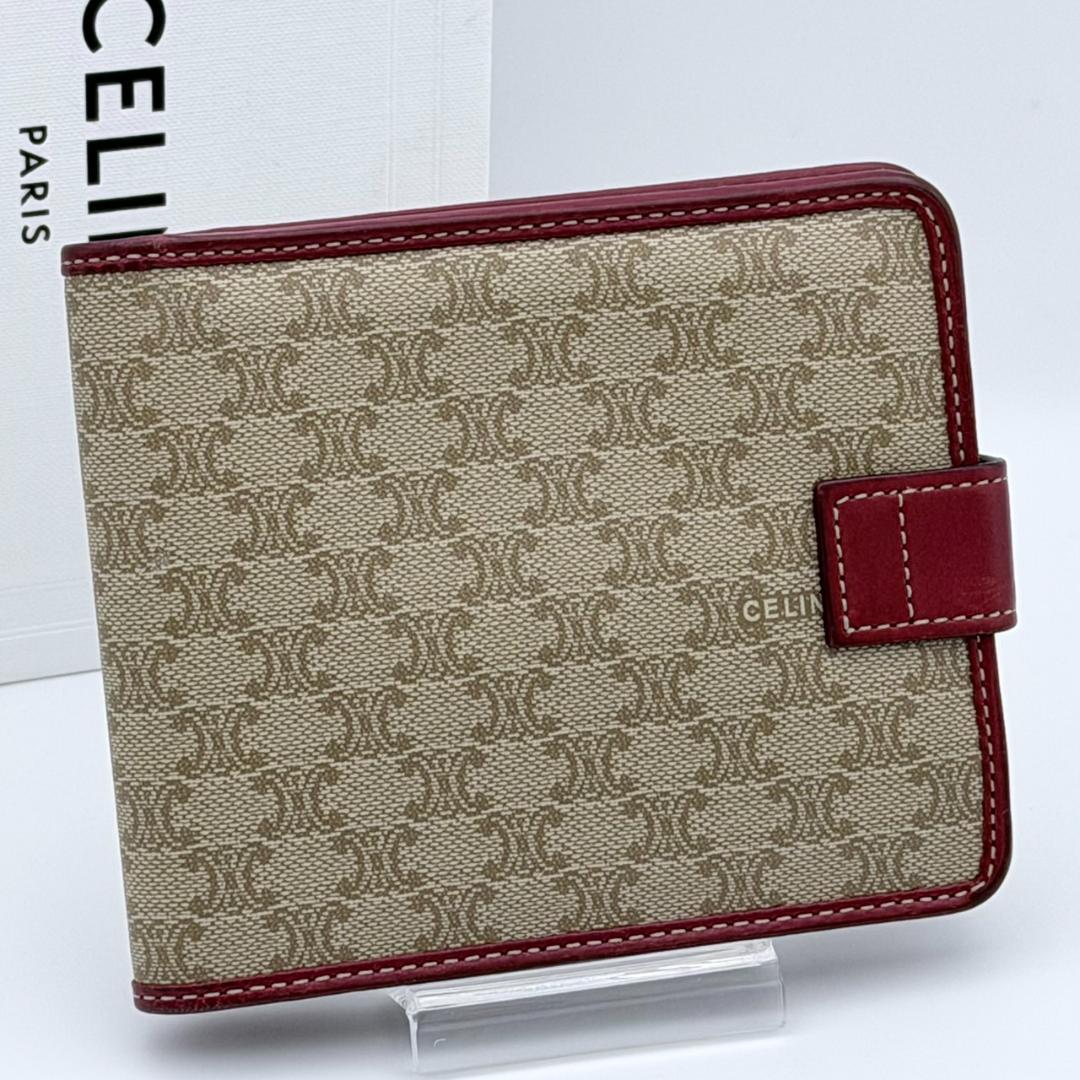 CELINE セリーヌ マカダム柄 二つ折りレザー×PVC ベージュ×レッド