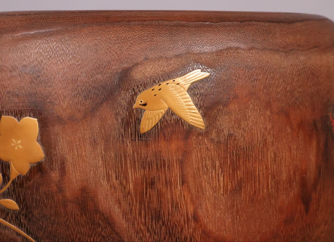 花鳥蒔絵 螺鈿細工 桐火鉢 幅30.7cm 高20cm 金蒔絵 草花【MB69