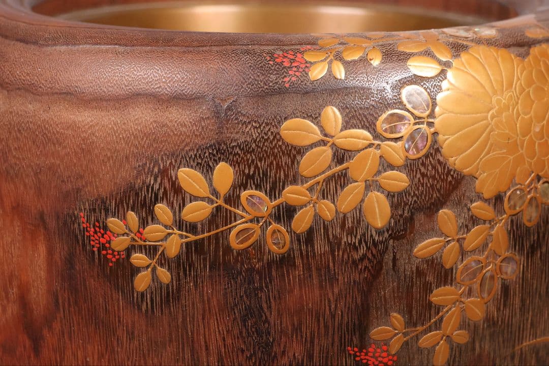 花鳥蒔絵 螺鈿細工 桐火鉢 幅30.7cm 高20cm 金蒔絵 草花【MB69