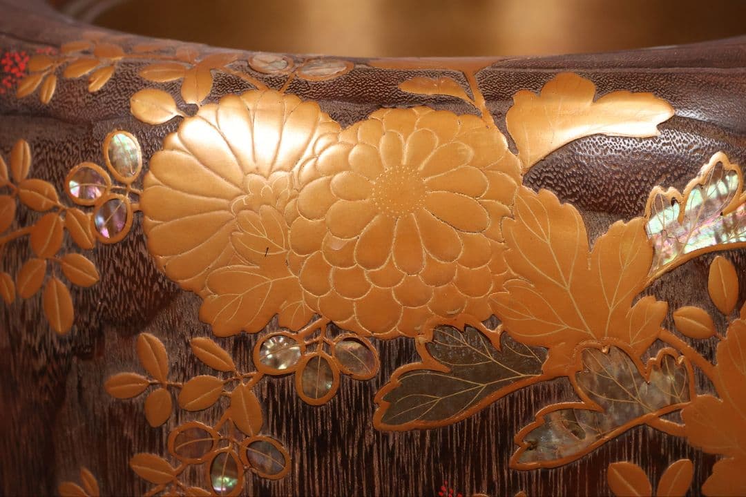 花鳥蒔絵 螺鈿細工 桐火鉢 幅30.7cm 高20cm 金蒔絵 草花【MB69