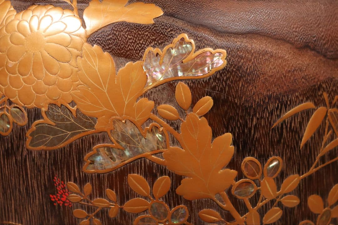 花鳥蒔絵 螺鈿細工 桐火鉢 幅30.7cm 高20cm 金蒔絵 草花【MB69