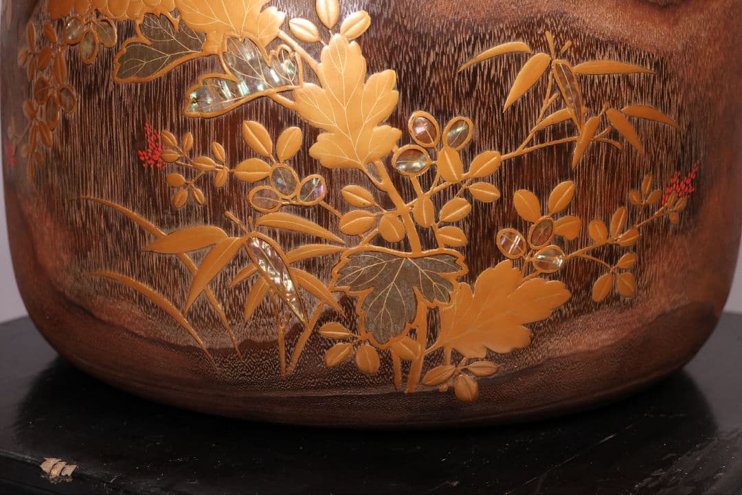 花鳥蒔絵 螺鈿細工 桐火鉢 幅30.7cm 高20cm 金蒔絵 草花【MB69