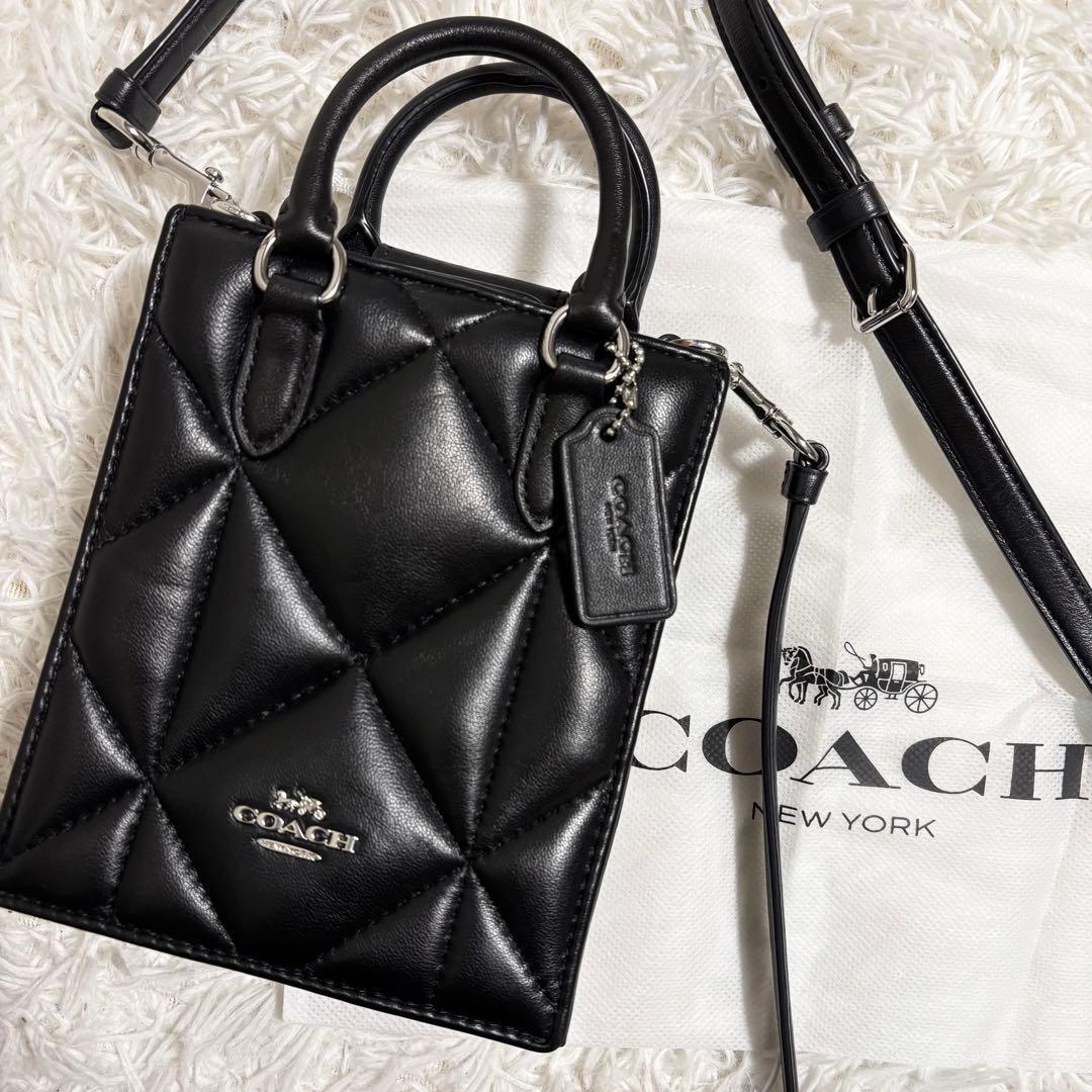 未使用級/保存袋付✨コーチ ショルダーバッグ ノース サウス パフィー 本革 黒