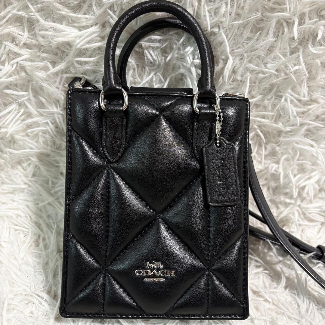 未使用級/保存袋付✨コーチ ショルダーバッグ ノース サウス パフィー 本革 黒