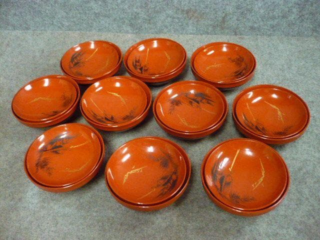 朱塗 沈金 月夜に舟図 吸物椀 10個 [B31538]