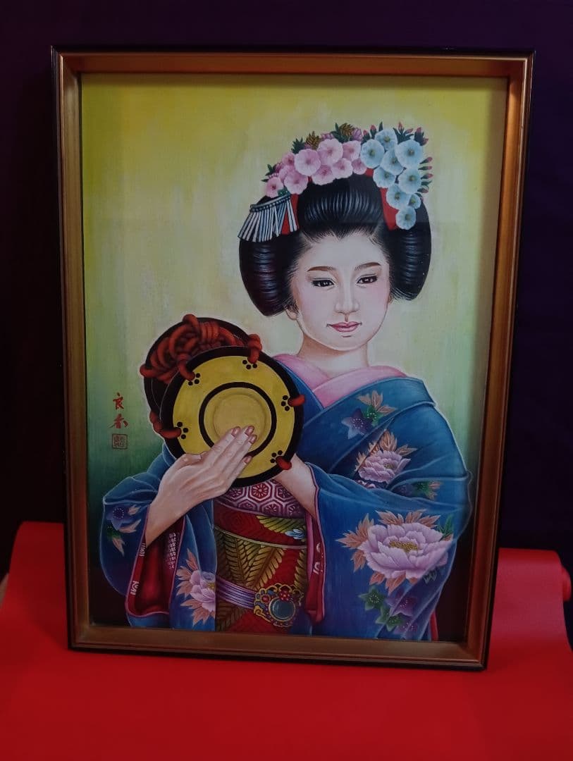 時代着物美人姿水彩画昭和時代頃縦５７Ｘ横幅４２Ｘ厚さ３センチガラス当時物額装品