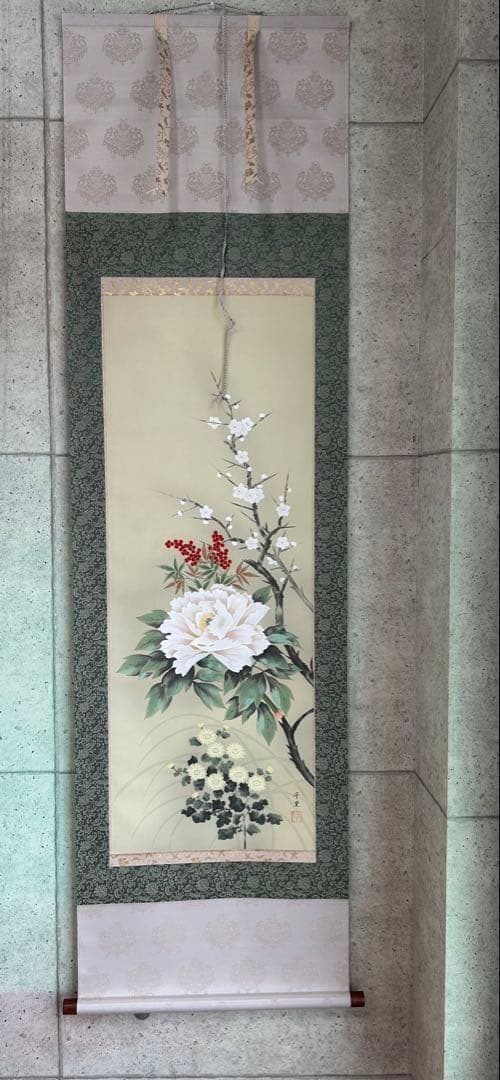 掛け軸 飯島千里 四季草花 絹本 希少 軸装 茶道具 掛軸 です。