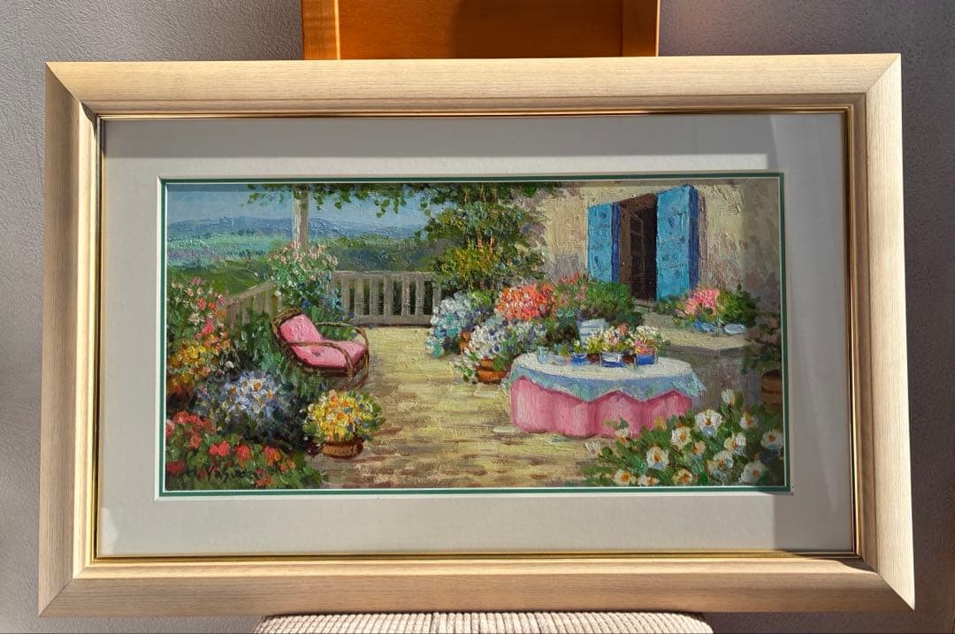 安田英明 油彩画「花咲くテラス」額縁付き