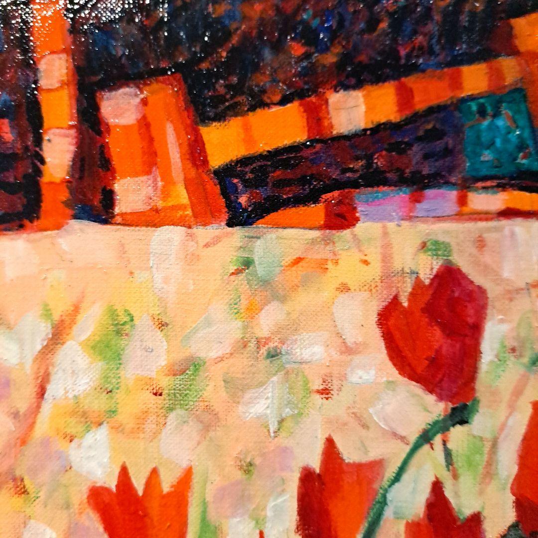 キャンバス油絵 　いとを　お花とビンとカップのあるテーブル　おしゃれ静物画