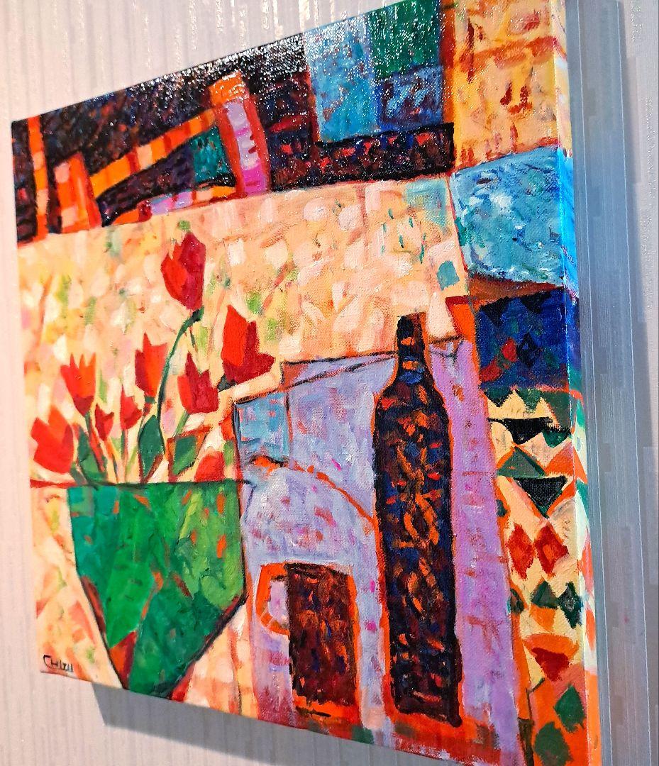 キャンバス油絵 　いとを　お花とビンとカップのあるテーブル　おしゃれ静物画