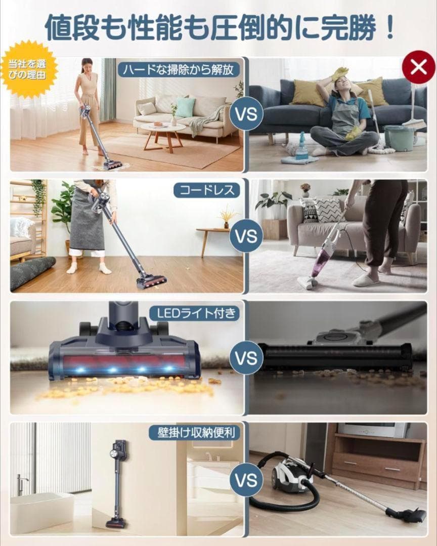 掃除機コードレス 45000pa超強力吸引 LEDライト 多重濾過 サイクロン式