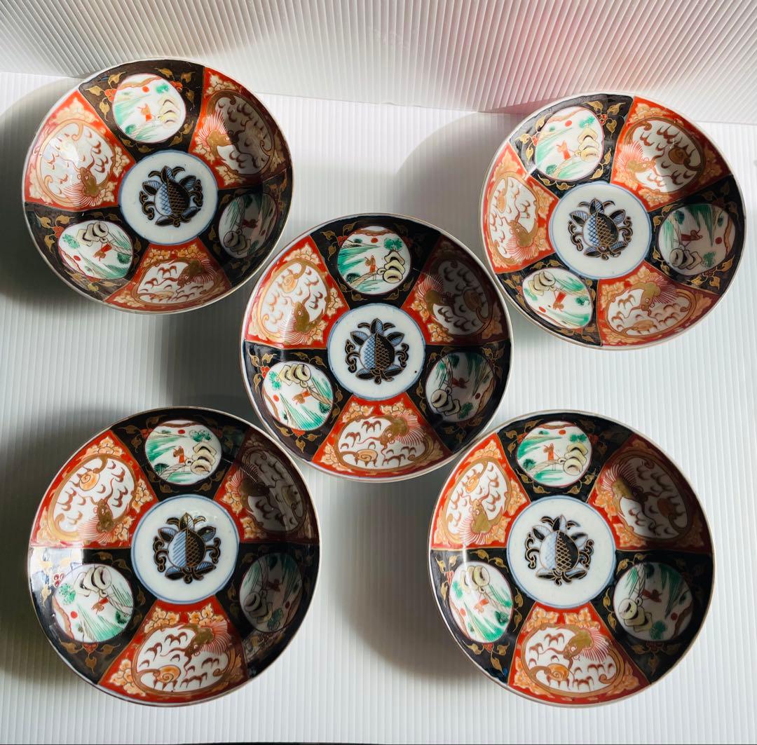 古伊万里染錦山水唐釣人図金彩雲龍文皿5枚セット