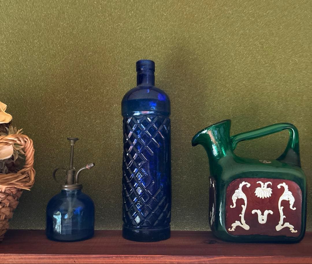 ガラス　角　ピッチャー　ハンドメイド　グリーン　希少　ヴィンテージ　工芸品