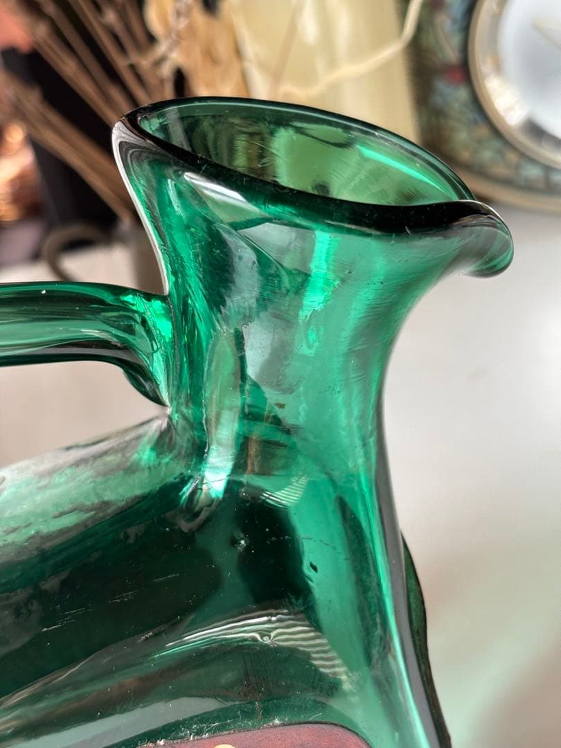 ガラス　角　ピッチャー　ハンドメイド　グリーン　希少　ヴィンテージ　工芸品