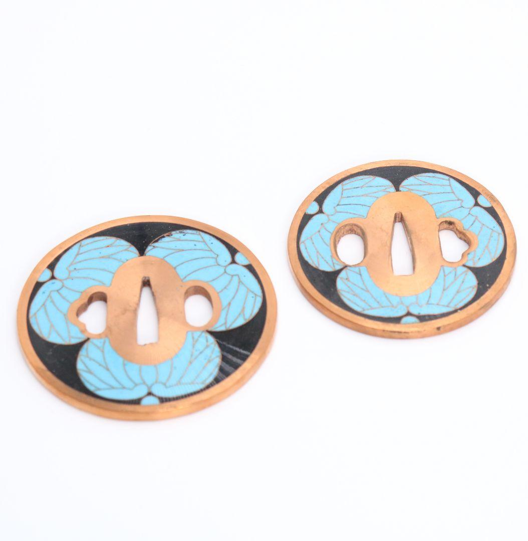 銅製七宝三つ葉葵文鐔 刀装具 一對 桐箱付　V356　1F28