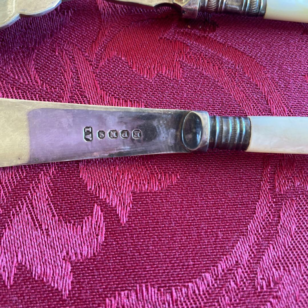 英国アンティーク　銀ナイフ＆フォーク　マザーオブパール　ERNS刻印