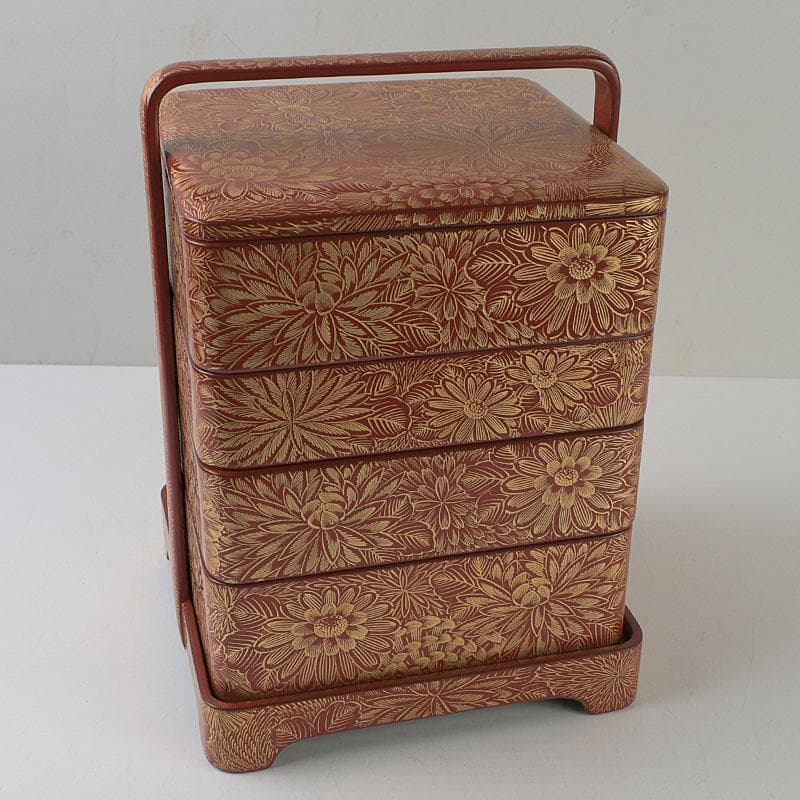 ゆりる　輪島塗　沈金蒔絵　菊彫文　手提四段重箱　共箱　M　R9137H