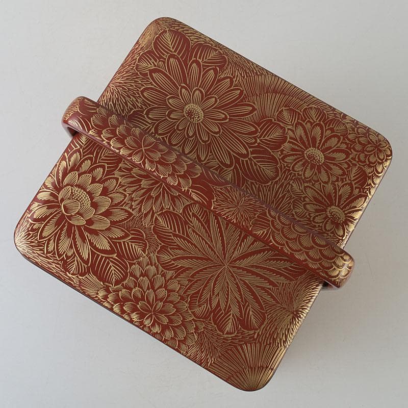 ゆりる　輪島塗　沈金蒔絵　菊彫文　手提四段重箱　共箱　M　R9137H