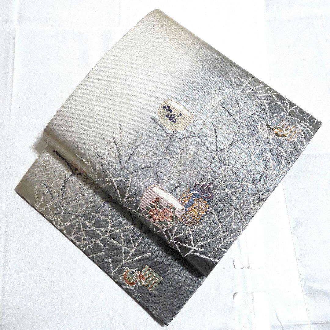 B5◆着物くつろぎ 美品 光琳 有職姫芝文様 金銀 六通 正絹 フォーマルな袋帯