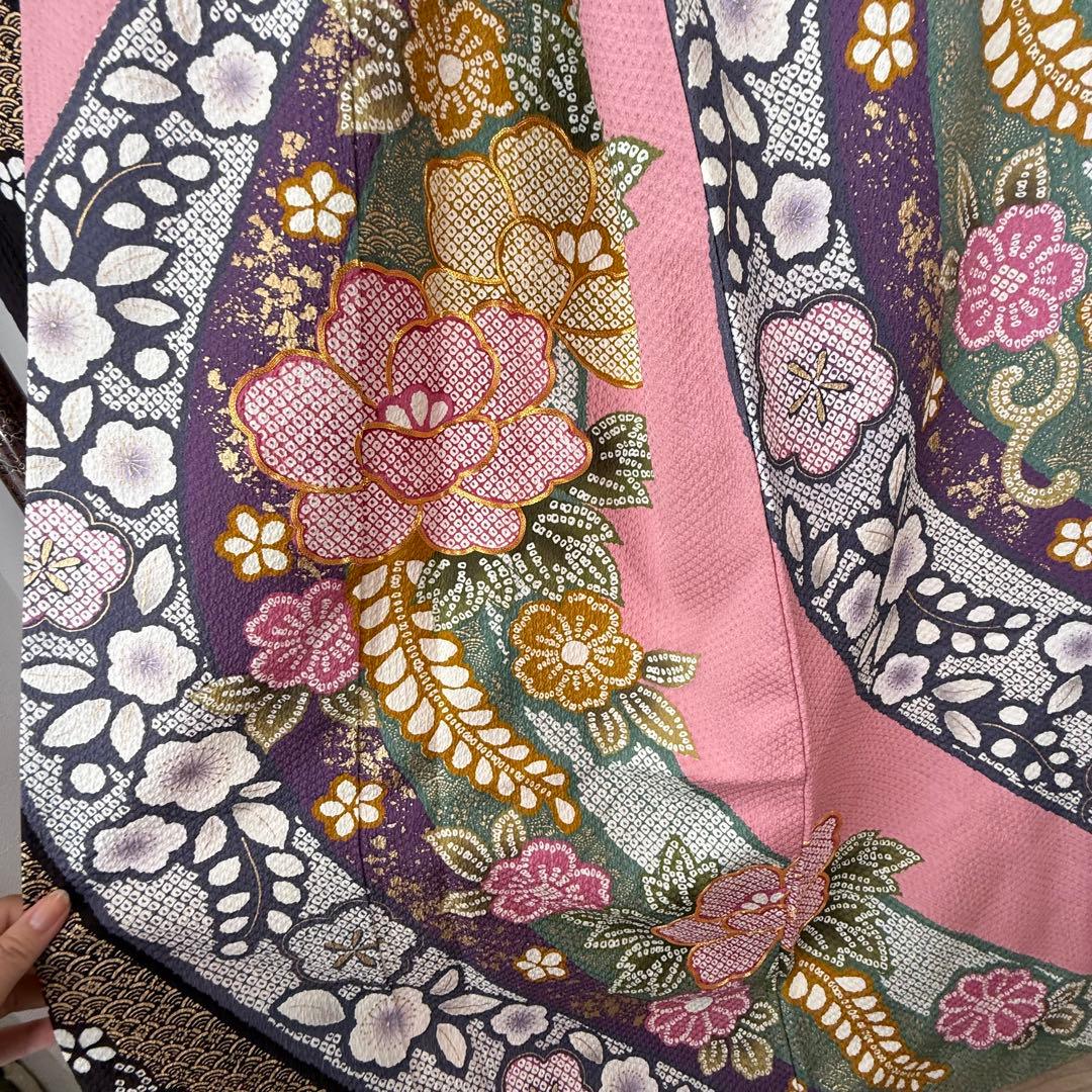 超美品　正絹　現代振袖　成人式　着物　166㎝　ピンク　金駒刺繍　絞り柄　個性的