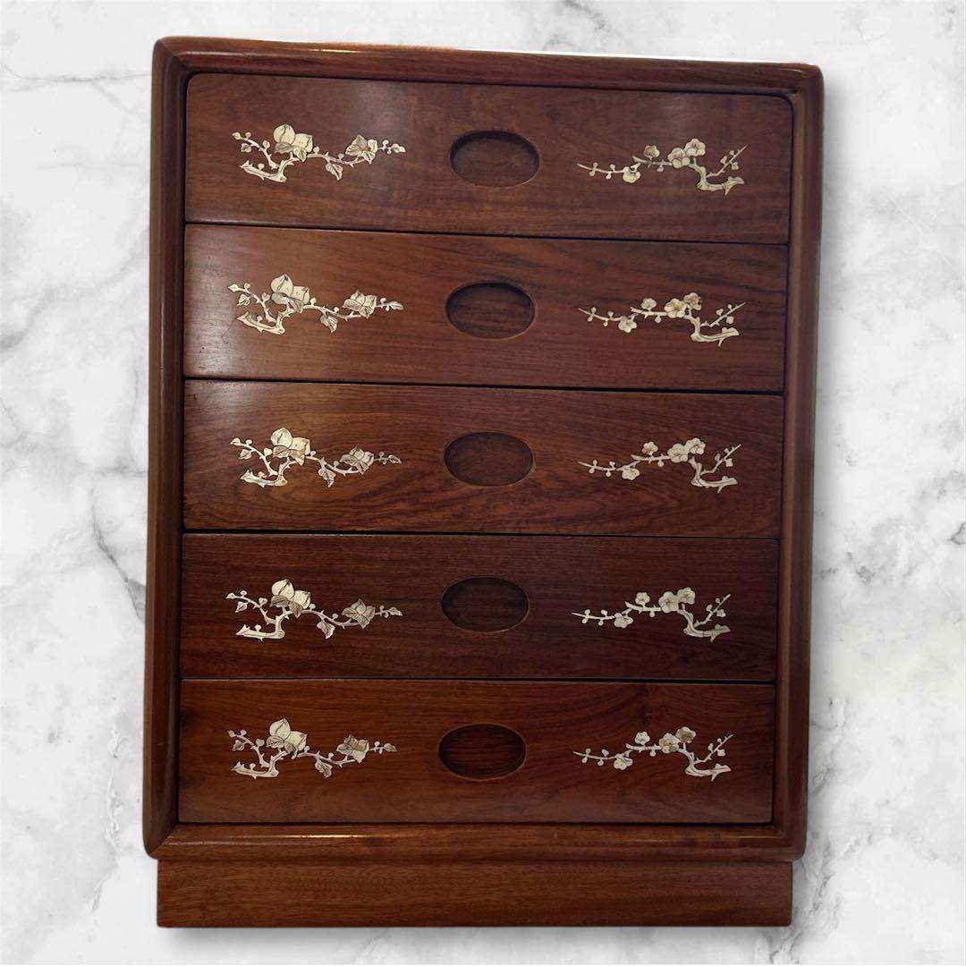 骨董品 螺鈿細工 チェスト タンス 五段チェスト 小物収納 木製 引き出し 螺鈿